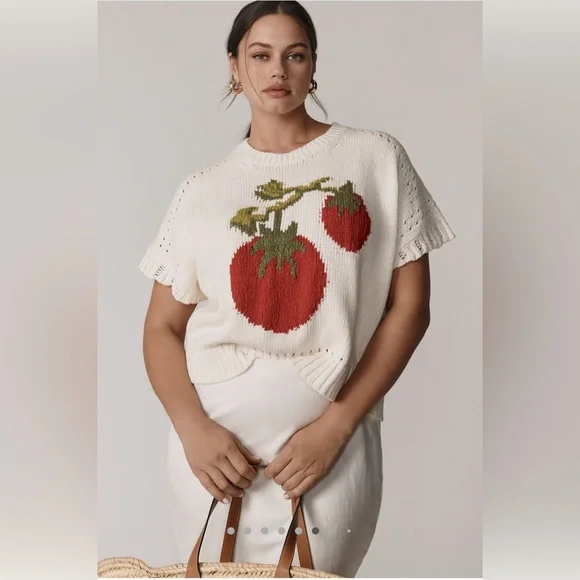 NWT Anthropologie Maeve Short-Sleeve Crew-Neck Veggie Motif Graphic Sweater L